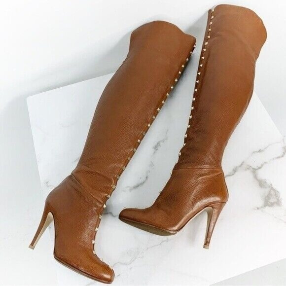 Valentino Garavani Pebbled Cognac Leather Studded Rockstud Over the Knee Boots